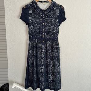 ModCloth Yumi Blue Lace Shirt Dress Gold Buttons Cottage Twee Peter Pan Collar